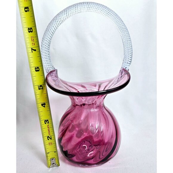 Vintage Rossi Cranberry Glass Swirl Basket Vase with tight twist handle - Picture 7 of 8